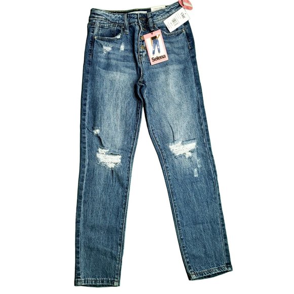 YMI Selena High-Rise Distressed Straight Leg Snap Fly Jeans Medium Wash Sz 14 - Picture 1 of 7